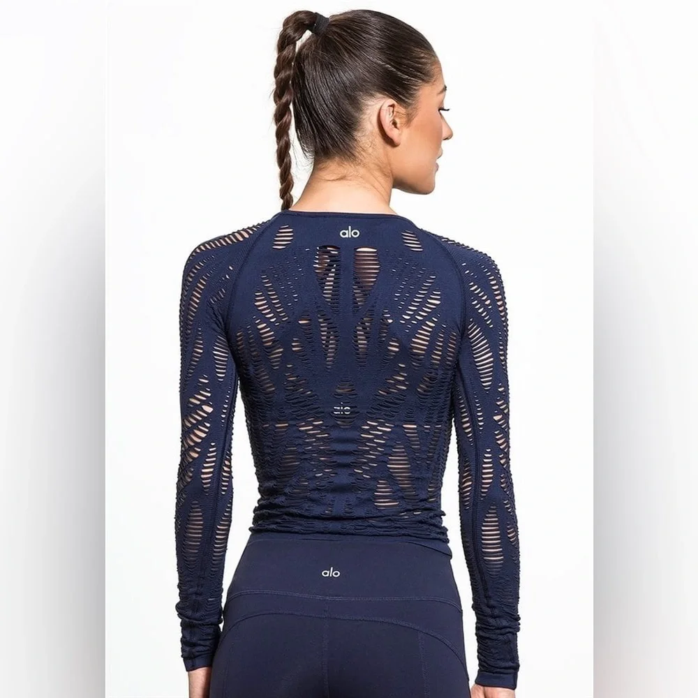ALO Yoga Navy Blue Long Sleeve Laser-Cut Top